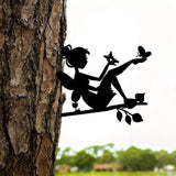 Tree On Branch Beauty Butterfly Fairy Steel Silhouette Metal Wall Art Home Garden Yard Patio Outdoor Statue Stake Decoration, Black