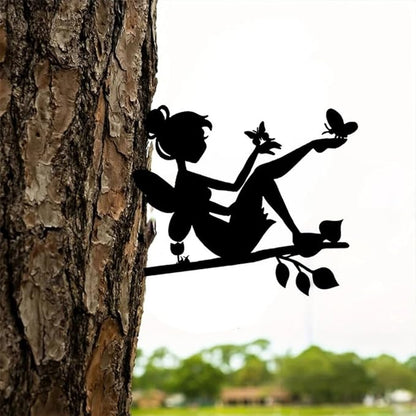 Tree On Branch Beauty Butterfly Fairy Steel Silhouette Metal Wall Art Home Garden Yard Patio Outdoor Statue Stake Decoration, Black