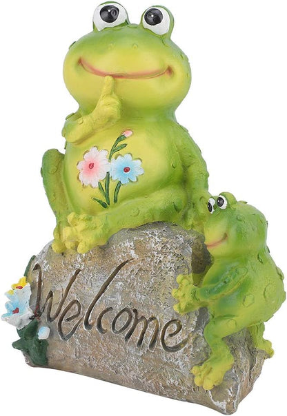 Frog Statue, Frog Welcome Sitting on Stone Figurine Landscape Resin Sculpture