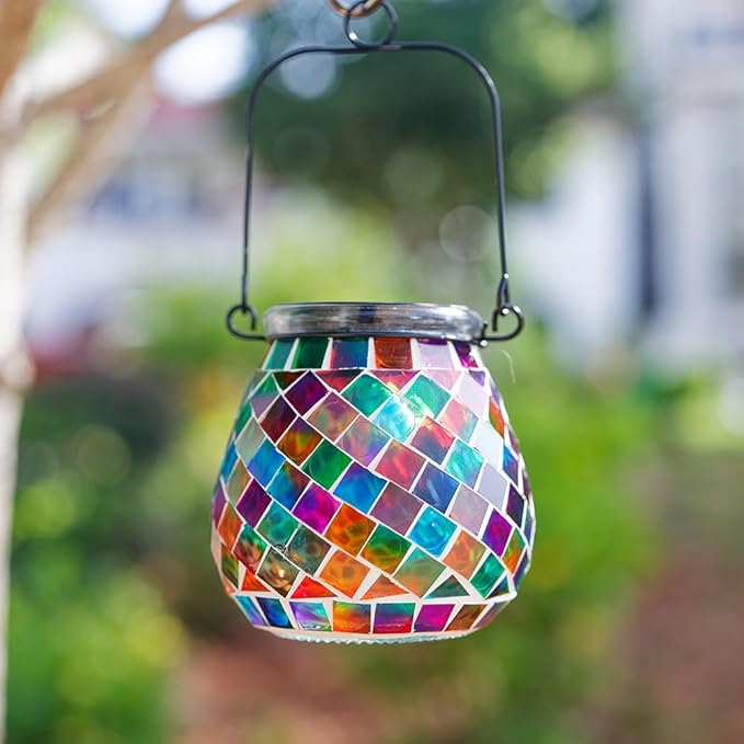 Stargarden Mosaic Solar Lanterns Outdoor Waterproof, Colorful Glass Hanging Lantern Decorative Solar Lights for Yard, Patio, Lawn, Gaden Decor