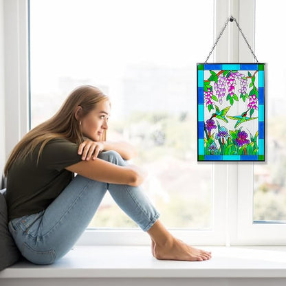 Viveta Hummingbird Stained Glass Window Hanging, Stained Suncatchers for Window, Hand-Painted Glass Panels with Chain, Gift for Mom Grandma Christmas Decor 10 * 15"