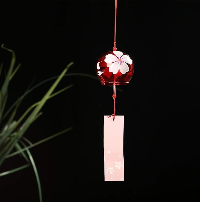 Falytemow Japanese Wind Chimes Romantic Flowers Small Wind Bells Handmade Glass Japanese Style Pendant for Birthday Present Home Decors (4 Cherry, 8 cm)