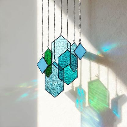 Stained Glass,Window Decor,Stained Glass Suncatchers Window Hanging,Modern Design Home Decor,Gifts for Couples.(Blue-Green)