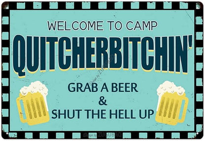 Vintage Metal Funny Camping Tin Sign-Welcome To Camp Outdoor Porch Patio Home Kitchen Garden Bar Beer Poster Retro Decor Art 8X12 Inch Wall Decor