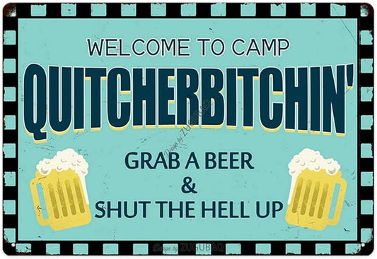 Vintage Metal Funny Camping Tin Sign-Welcome To Camp Outdoor Porch Patio Home Kitchen Garden Bar Beer Poster Retro Decor Art 8X12 Inch Wall Decor