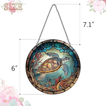 Sea Turtle Decor Suncatcher Stained Glass Window Hanging - Handmade Suncatchers for Windows Hanging - Sea Art Sun Catchers Indoor Outdoor Garden Ornament - Mothers Day Birthday Gifts for Mom Grandma
