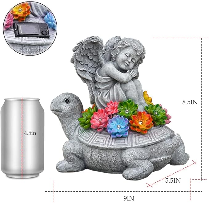 Solar Angel Turtle Garden Statue - IP65 Waterproof Outdoor Decor with 7 LED Lights - Heartwarming Memorial Gifts for Mom, Grandma - Resin Figurine for Patio & Yard