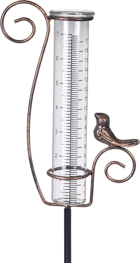 Rain Gauge Outdoor,7" Glass Rain Gauge with Metal Stake, Decorative Bird Rain Gauge for Yard Garden Lawn Decor