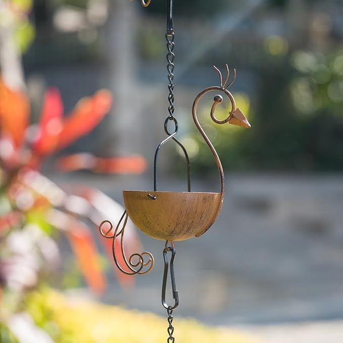 10.1ft Rain Chain for Outside, Rain Chain with 12 Peacock Cups, Adjustable Rain Catcher Chain for Outside, Replacement Downspout for Gutters, Eaves, Drainage