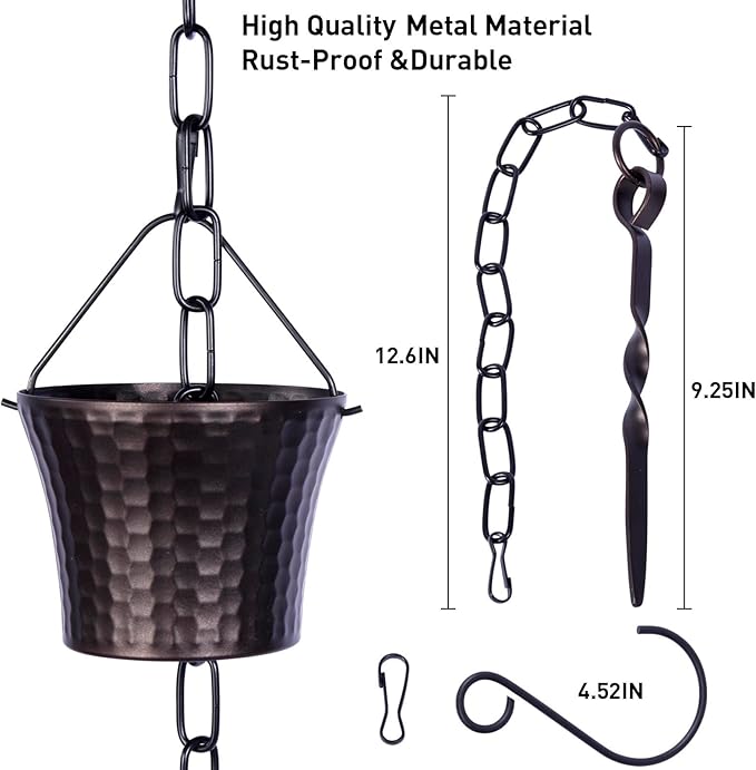 Rain Chains for Gutters with Adapter,Wrought Iron Rain Chain Set 8.5 Ft Not Rust, Gotta Drain with Sturdy Anchoring Stake, 14 Cups, 1 Hook, Adjustable Gutter Downspout for Outdoor Decorative