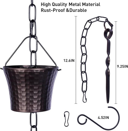 Rain Chains for Gutters with Adapter,Wrought Iron Rain Chain Set 8.5 Ft Not Rust, Gotta Drain with Sturdy Anchoring Stake, 14 Cups, 1 Hook, Adjustable Gutter Downspout for Outdoor Decorative