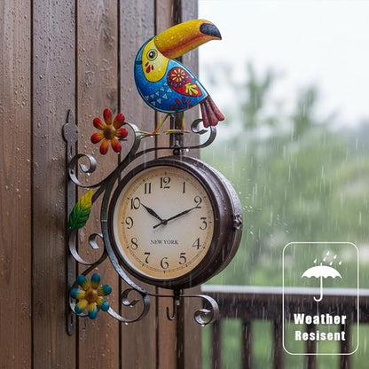 Vintage Indoor Outdoor Clock - Silent Non-Ticking, Double Sided Wall Clock with Toucan Decor Waterproof for Garden, Patio, Yard, Farmhouse, Home Décor (Blue)