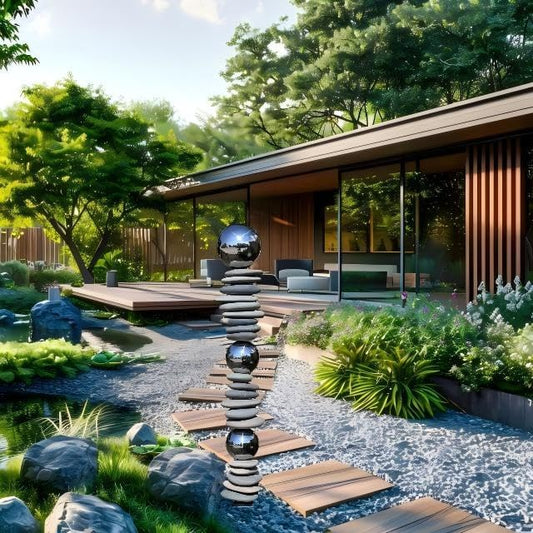 Zen Garden Ourdoor Decor - 32" Rock & Stainless Steel Sphere Sculpture Stake, Modern Yard Art for Landscape, Patio, or Pathway