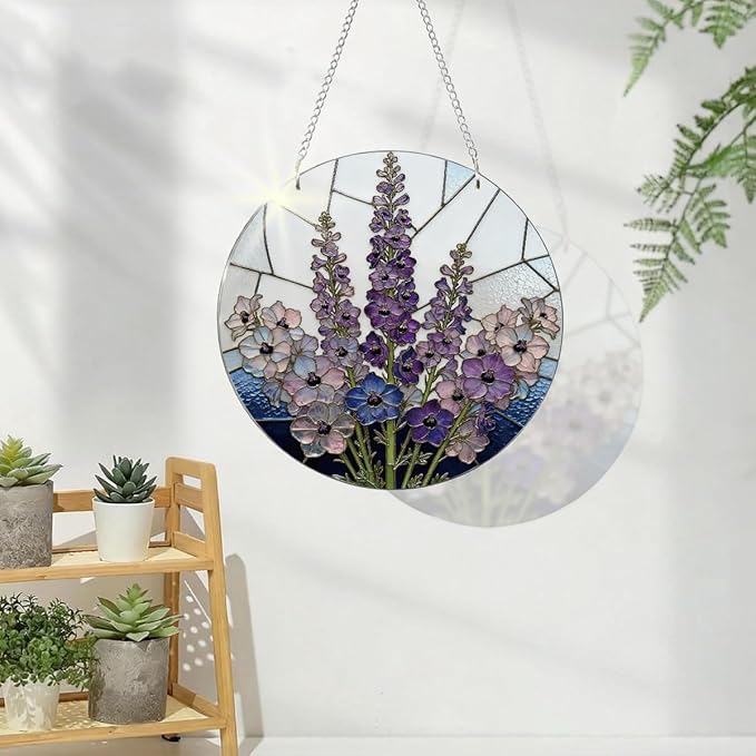 Purple Flower Window Hanging Suncatcher, Home Garden Hangings, Romantic Window Wall Art, Housewarming Gifts, for Mom Grandma Aunt, Acrylic Sun Catcher with Metal Chain