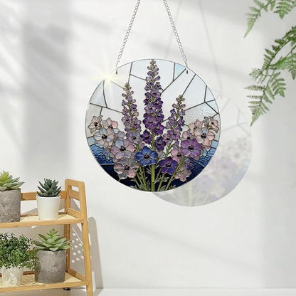 Purple Flower Window Hanging Suncatcher, Home Garden Hangings, Romantic Window Wall Art, Housewarming Gifts, for Mom Grandma Aunt, Acrylic Sun Catcher with Metal Chain