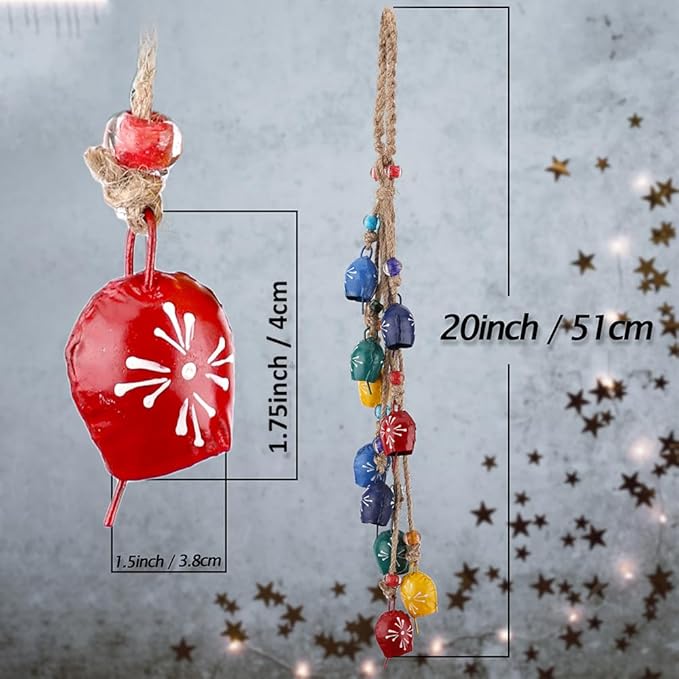 Handmade Hanging Bells Wind Chimes on Rope 10 Bell – Vintage Cow Bell Cluster for Door, Wall & Indoor Outdoor Decor – Metal Tin Bells with Jute Rope for Christmas, Farmhouse, Boho, Shabby Chic
