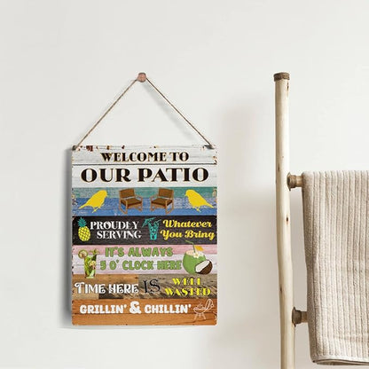 Colorful Patio Sign Gifts, Rustic Welcome to Our Patio Wooden Signs Wood Plaque Hanging Sign Home Outdoor Decor 8 x 10 Inches