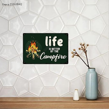 Vintage Metal Funny Camping Tin Sign-Life Is Better By The Campfire Outdoor Porch Patio Home Kitchen Garden Bar Poster Retro Decor Art 8X12 Inch Wall Decor