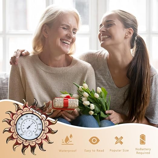 VEWOGARDEN 13 Inch Sun Outdoor Thermometer Waterproof Metal Decorative Wall Indoor Outdoor Thermometer for Patio, Home & Garden