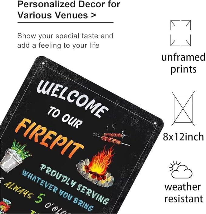 Generic Welcome To Our Firepit Tin Sign Proudly Serving Whatever You Bring Sign Vintage Metal Sign For Backyard Wall Decor Signs Patio Deck Decor Outdoor Firepit Sign 8x12 Inch