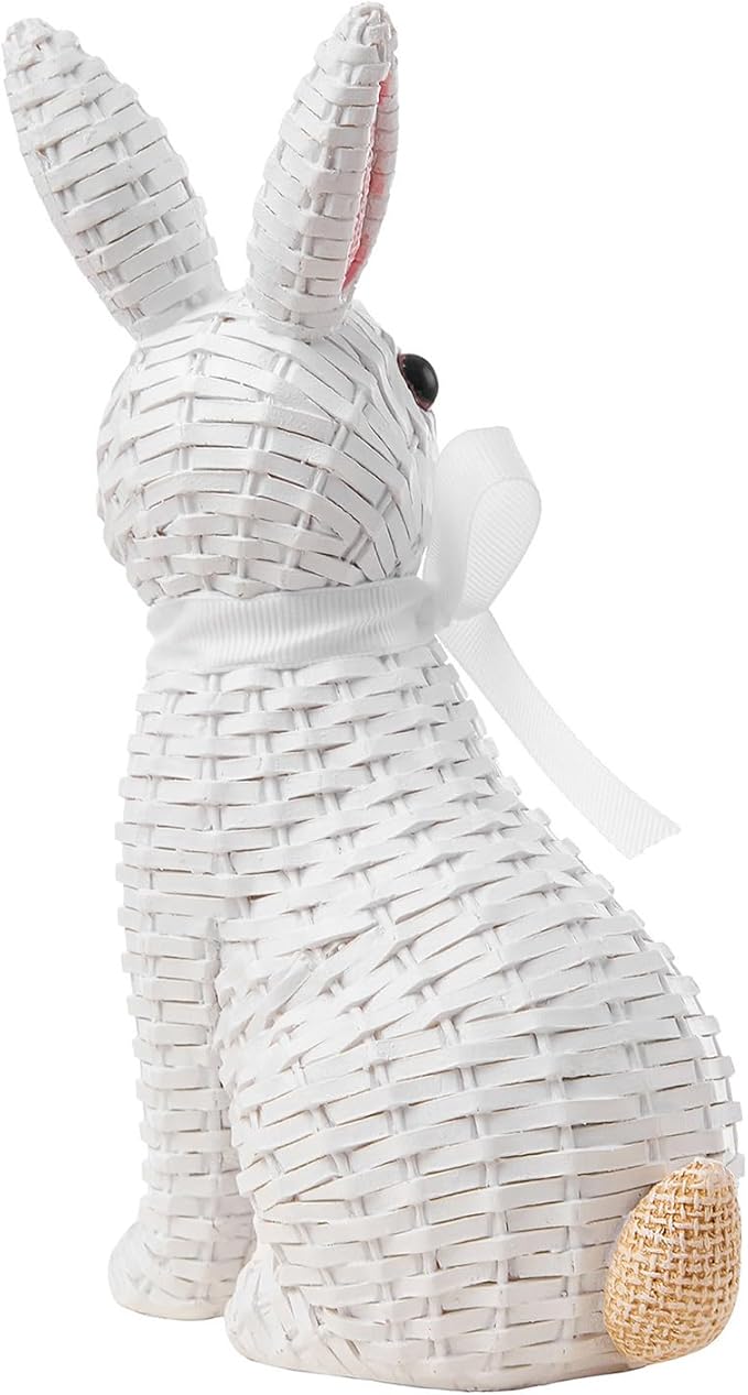 Rattan Rabbit Bow Resin Ornament (8.1in White Seat, Multi Color) for Home Decoration and Easter Gift