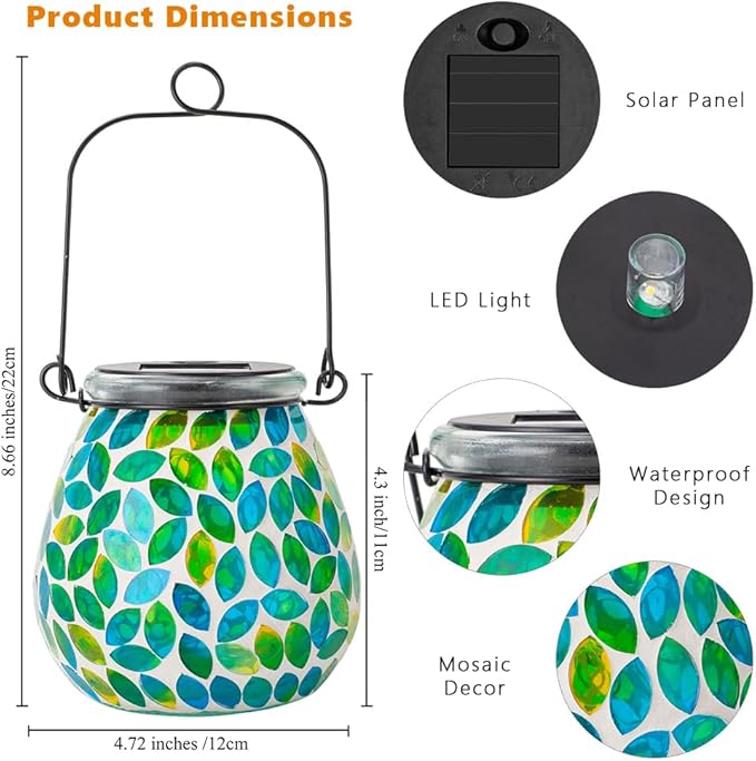 Starsoul 4 Pack Solar Lanterns Outdoor Waterproof, Unique Green Mosaic Glass Solar Garden Lights, Decorative Outdoor Lantern for Outside Patio Pathway Porch Yard Table