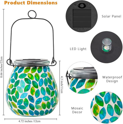 Starsoul 2 Pack Solar Lanterns Outdoor Waterproof, Unique Green Mosaic Glass Solar Garden Lights, Decorative Outdoor Lantern for Outside Patio Pathway Porch Yard Table
