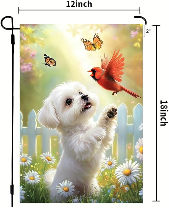 Spring Summer Maltese Dog Garden Flags 12x18 Double Sided, Small Burlap Seasonal Cardinal Floral Garden Flag Spring Summer Outdoor Yard Decorations for Outside Lawn Decor