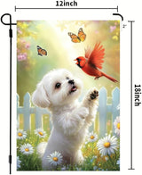 Spring Summer Maltese Dog Garden Flags 12x18 Double Sided, Small Burlap Seasonal Cardinal Floral Garden Flag Spring Summer Outdoor Yard Decorations for Outside Lawn Decor