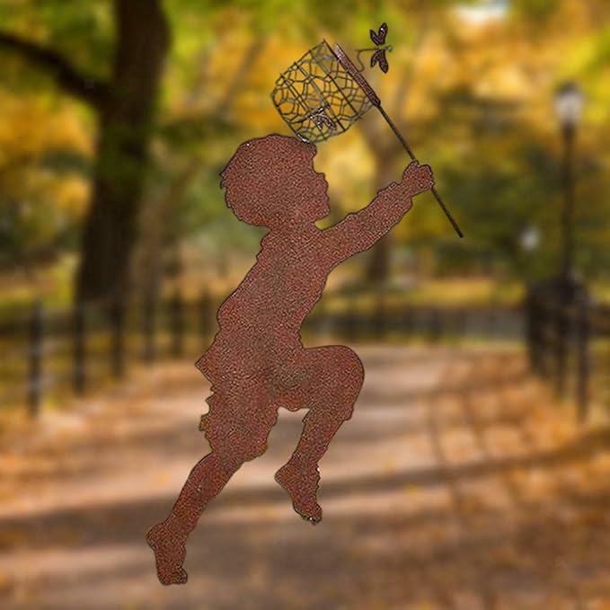 Boy Girl Silhouettes Chasing Butterfly Vintage Metal Garden Silhouette Sculpture, Yard Garden Metal Stake Rustic Decor Gift for Lawn Family Friends