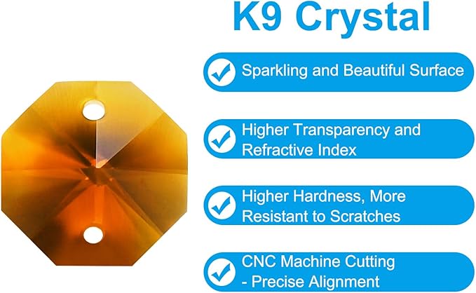 PATIKIL K9 Crystal Octagon Beads 2 Holes Pendants, 60 Pack 14mm Chandelier Prisms Parts Ornaments Hanging Beads for DIY Arts Crafts Decoration, Amber