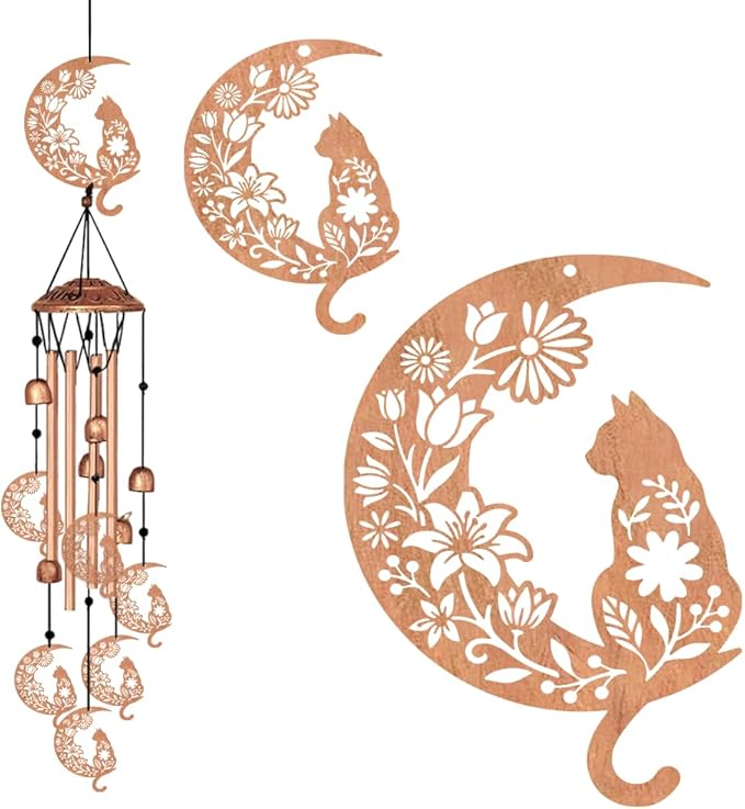 Wind Chimes for Outside, Cat Moon Aluminum Tube Windchime Melodious Melodic for Porch Patio Garden Decor, Unique Metal Memorial Wind Chimes Housewarming Gifts for Friends and Family