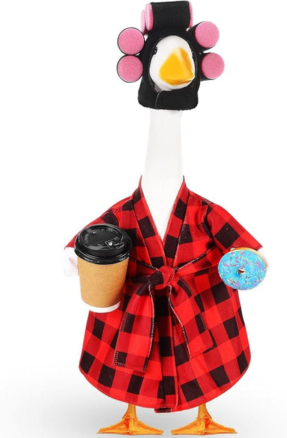 Shyyween Porch Goose Christmas Outfit 23 Inch Lady Goose Statue Clothes Red and Black Plaid Bathrobe Coffee Cup Curlers for Cement Plastic Lawn Geese Outdoor Garden Yard Patio Decoration