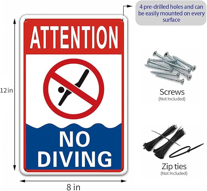 No Diving Pool Sign - 8 x 12 inch Aluminum Metal Pool Signs for Outside, Patio, Back Yard, Swimming Pool, Beach, Inside, UV Protected and Waterproof