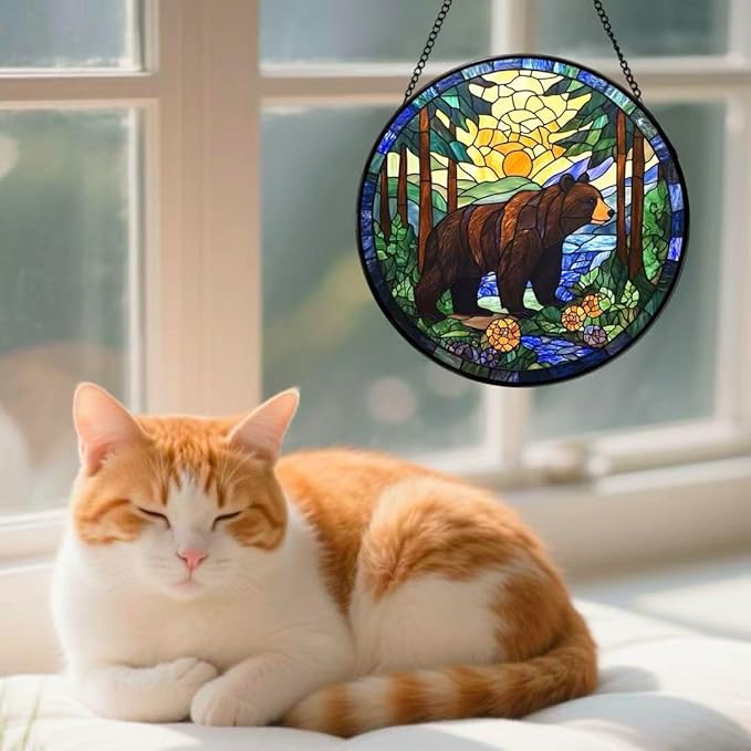 Stained Glass Window Hanging - A Black Bear is Walking in The Forest 6.3 Inches Suncatcher for Garden Home Decor for Women Mon Grandma Friends