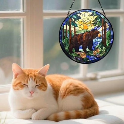 Stained Glass Window Hanging - A Black Bear is Walking in The Forest 6.3 Inches Suncatcher for Garden Home Decor for Women Mon Grandma Friends
