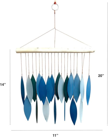 Blue & White Glass Wind Chime, Large 20″ – Recycled Glass & Driftwood Coastal Hanging Chime for Porch, Patio & Home