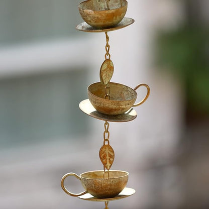 Jemeni 60" Teapot Wind Chime & Rain Chain with Bell - Patina Copper Outdoor Decor for Gutters, Patio, Garden