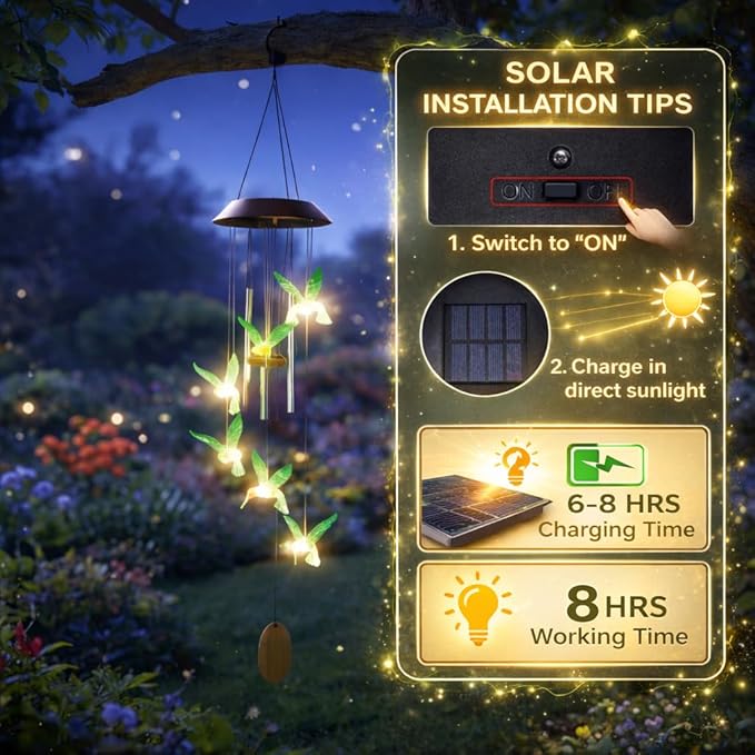 38” Hummingbird Aluminum Tube Solar Light LED Wind Chime for Outside, Weather Resistant Decoration Outdoor Garden Patio Soft Tone Decor, Gift for Birthday, Mother's Day, Atmosphere Creator