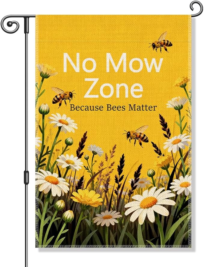 Perfectinsoy No Mow Zone Because Bees Matter Garden Flag, No Mow Sign, Pollinator Garden Sign, Welcome Yard Backyard Porch Patio Lawn Farmhouse Bee Spring Outdoors Decor, Bee Lover Gifts for Gardeners