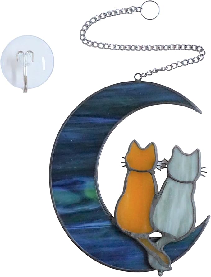 Cat Stained Glass Suncatcher – Cat on Moon Real Glass Window Hanging – Unique Modern Design Wall Art for Home or Garden Décor – Perfect Feline Lover Gift