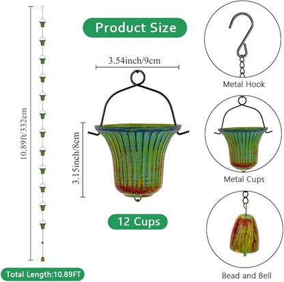 10ft Rain Chains for Outside, 12-Cup Rain Chain Replacement Downspout for Gutters,Eaves, Drainage, Adjustable Length(Green & Yellow)