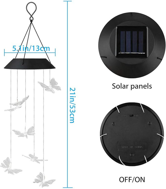 TDA Solar Wind Chimes Light Outdoor Changing Color Decorative Mobile Portable for Patio Walkway Pathway Backyard Landscape Decoration (Transparent Butterfly)
