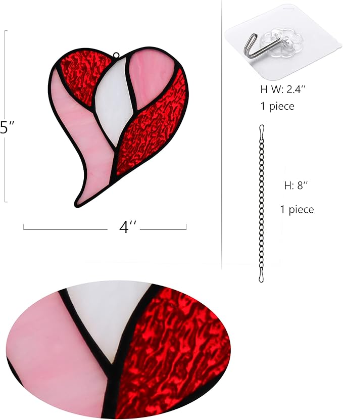 Red Heart Suncatchers Stained Glass Window Hanging, Handmade Heart Ornaments, Birthday Gift for Grandma Mom Sister Aunt,Valentines Day Gift
