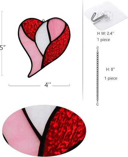 Red Heart Suncatchers Stained Glass Window Hanging, Handmade Heart Ornaments, Birthday Gift for Grandma Mom Sister Aunt,Valentines Day Gift