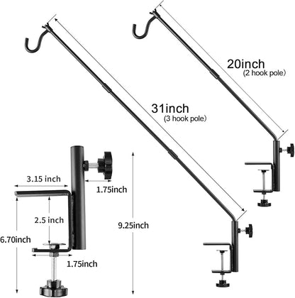 ULIOK 2 Pack Heavy Duty Deck Hook, 31 Inch Extended Adjustable, 360° Rotatable Arm Solid Rod, Solid Steel Deck Hangers for Hanging Bird Feeders, Plants, Planters, Suet Baskets, Lanterns, Wind Chime