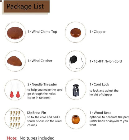 Wind Chime Parts Replacement, 20 PCS Wood Wind Chime Repair Kit Including Round Top, Clapper, Wind Catcher, 16.4FT Nylon Cord, Brass Pin, Ideal for DIY Wind Chimes Making and Restring