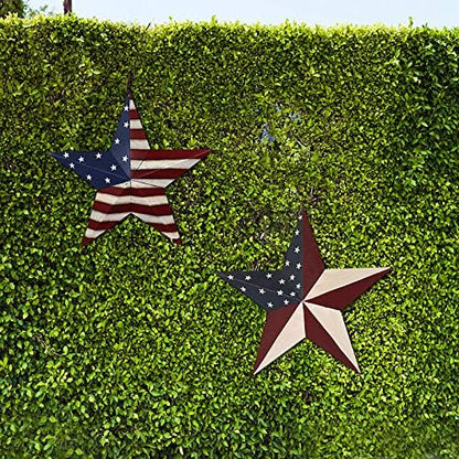 2set Metal Star Barn Yard Sign Garden Stake Decor for 4th of July Veterans Day, Patriotic US Flag Barn Star Yard Stake Outdoor Patio Lawn Decorations or Rustic Star Barn Ornament Wall Decor for House