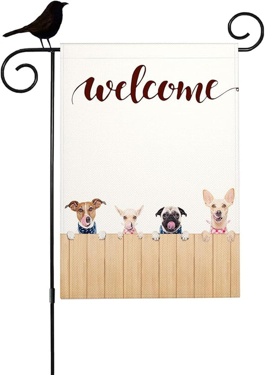 Mugod Welcome Dog Garden Flag, Cute Puppy on Fence Rustic Farmhouse Design, Vertical Double Sided Burlap Yard Flag 12.5x18 Inch, Pet Lover Outdoor Patio Lawn Decor