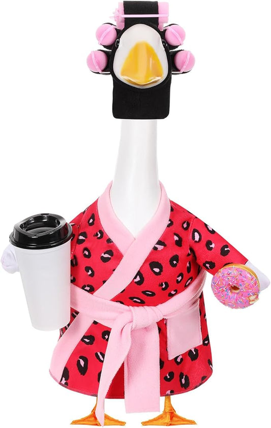 Shyyween Lady Porch Goose Outfit for 23'' Cement Plastic Lawn Goose Statue Clothes Pink Leopard Bathrobe Coffee Cup Curlers for Outdoor Garden Yard Patio Decoration